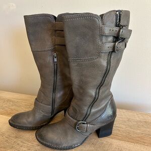 Born Treddy Boots‎ Leather Moto Style Mid Calf Gray,  Flannel Lined Wm Sz 6.5